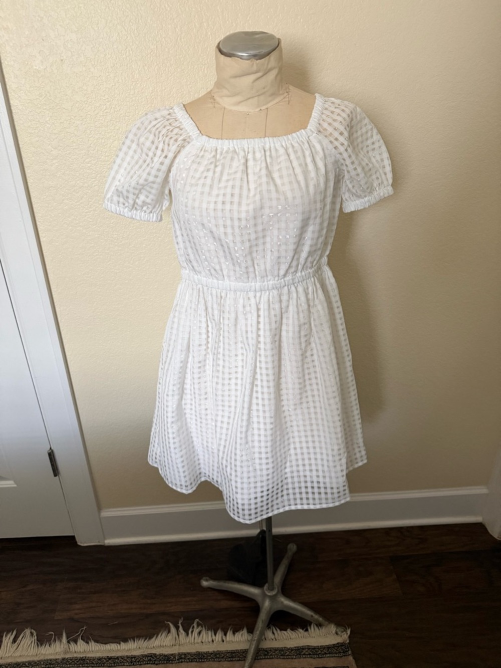 Crewcuts White Square-Check Puff Sleeve Dress
